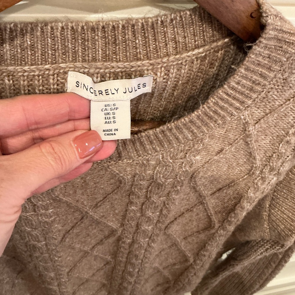 Sincerely Jules Tan Cable Knit Sweater with cute flare shoulder design - Picture 3 of 5